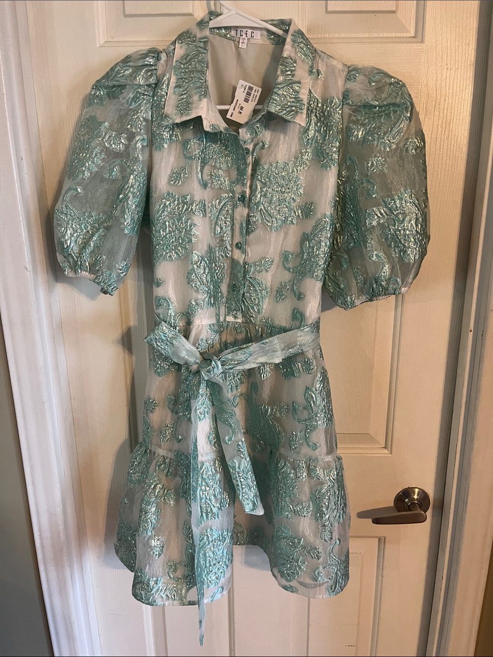 New with tags Ice Metallic Aqua Puff-Sleeve dress